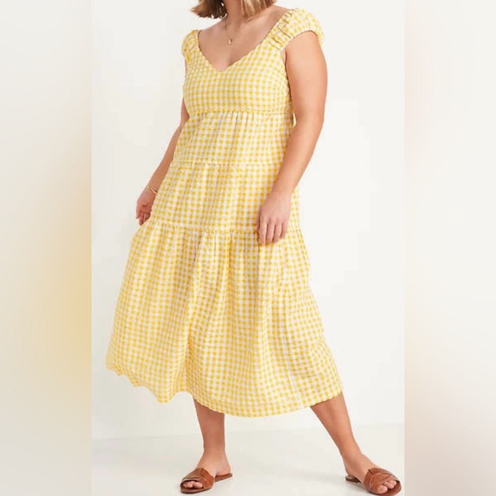 New Old Navy Gingham Tiered Tie Back Maxi Dress In Yellow/White Size M